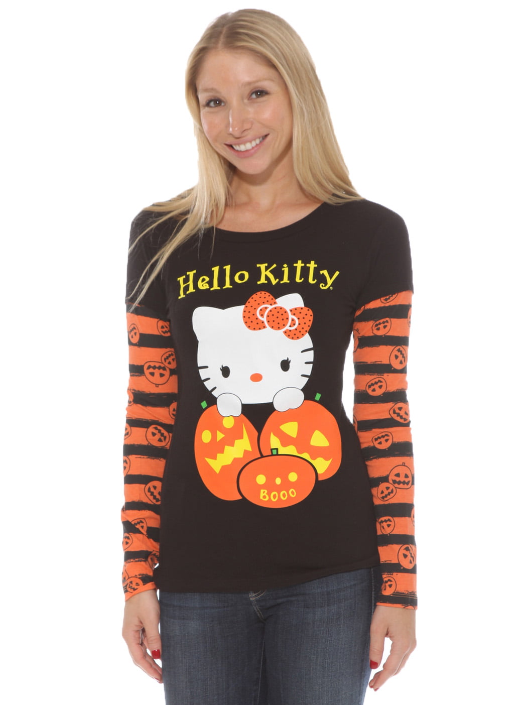 NWT Junior Womens Hello Kitty Layered Look Halloween Theme Shirt White Bats Cute