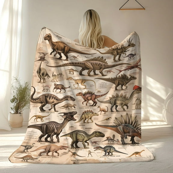 1pc Dinosaur Print Flannel Blanket - Contemporary Style, All-Season Cozy Quilted Throw, Multipurpose Polyester Knitted Fabric, Digital Printing, Ideal for Napping, Camping, Travel, Office