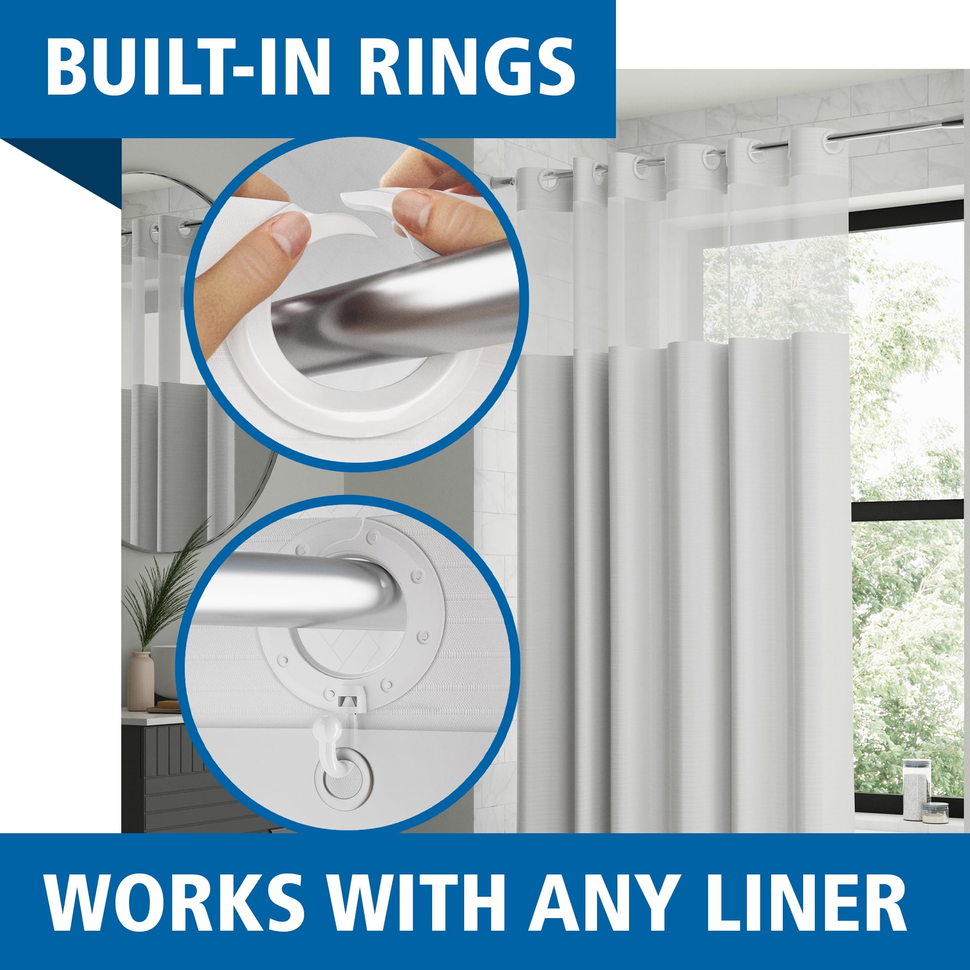 (4 pack) Mainstays Nolan Easy Hang Hookless Fabric Shower Curtain with View, 70" x 74", White
