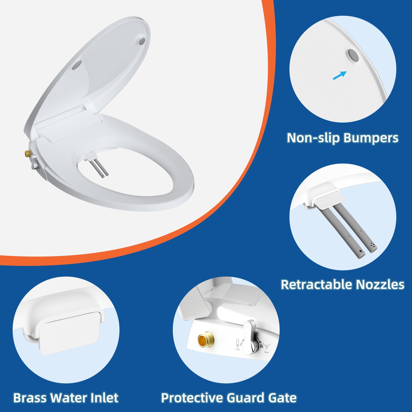 CADOVE Elongated Bidet Toilet Seat, Non-Electric Dual Nozzle Bidet Attachment with Adjustable Self-Cleaning Nozzles