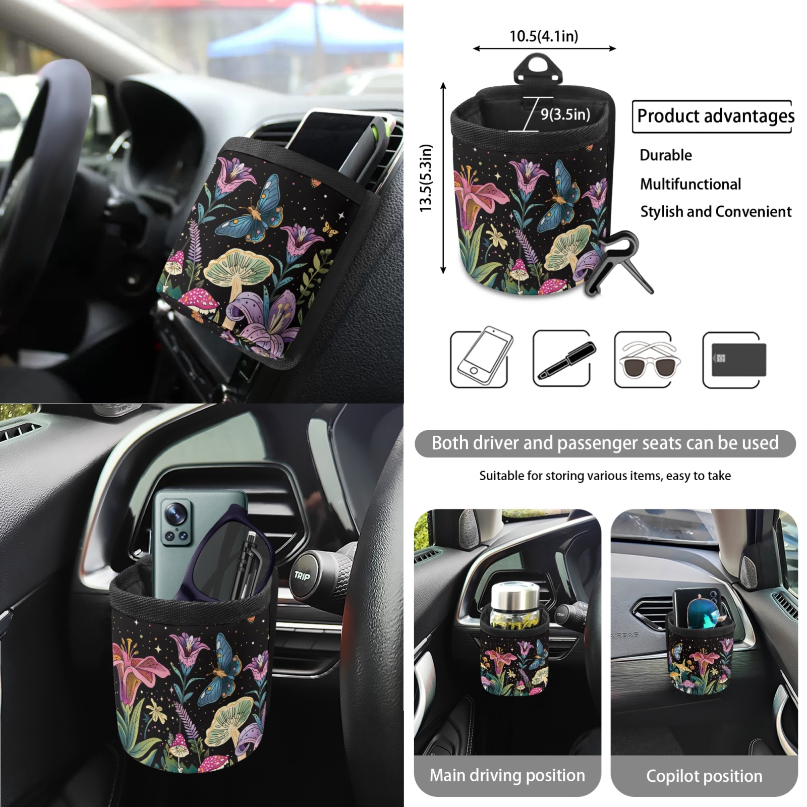 Garronmavis Aesthetic Butterfly Petunia 15 PCS Car Seat Cover Full Set 4 Pieces Car Seat Covers Steering Wheel Cover Keychain Car Trash Bag Car Dash Accessories Rearview Mirror Cover Car Coasters