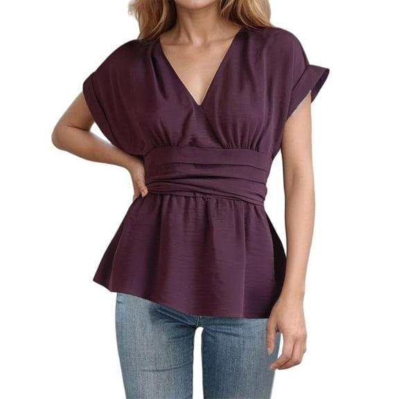 Krdevn V Neck Waist Solid Color Cap Sleeve Pleated Dress for Women,Women's Tops, Tees & Blouses,Size:S