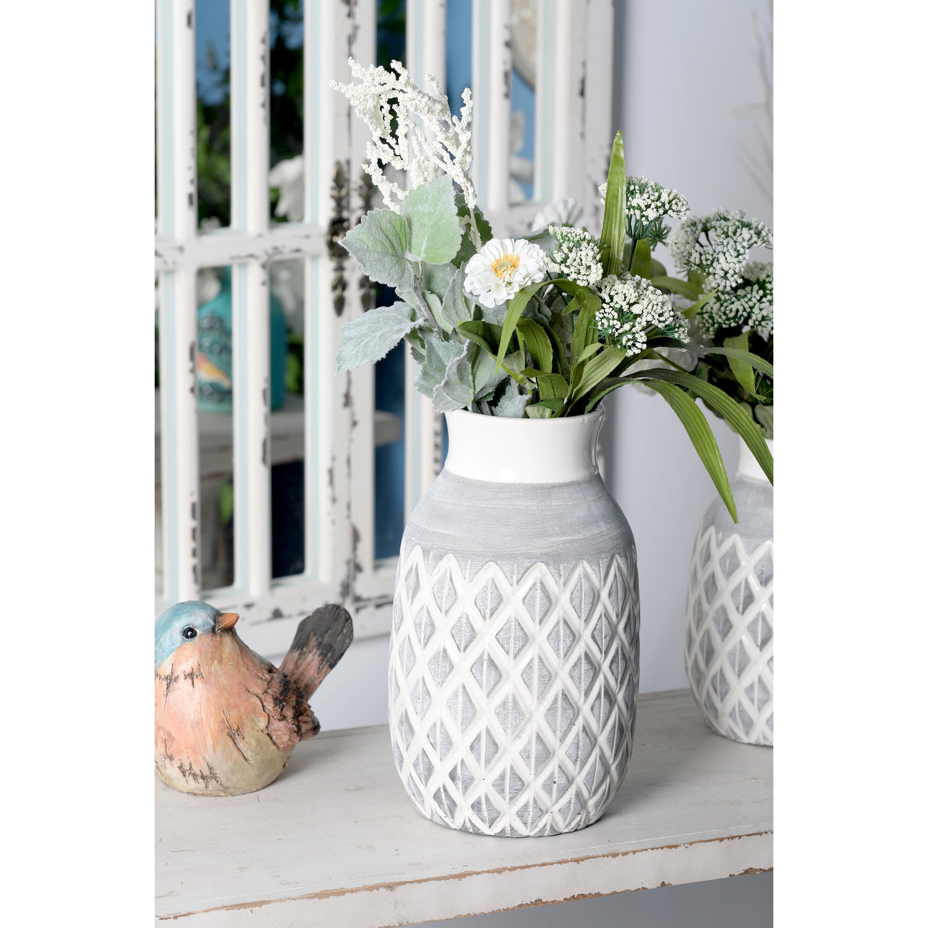 DecMode 13" White Ceramic Vase with Diamond Pattern