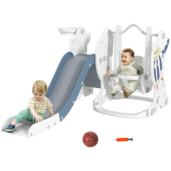 Qaba 3 in 1 Toddler Swing and Slide Set with Basketball Hoop, Space Theme