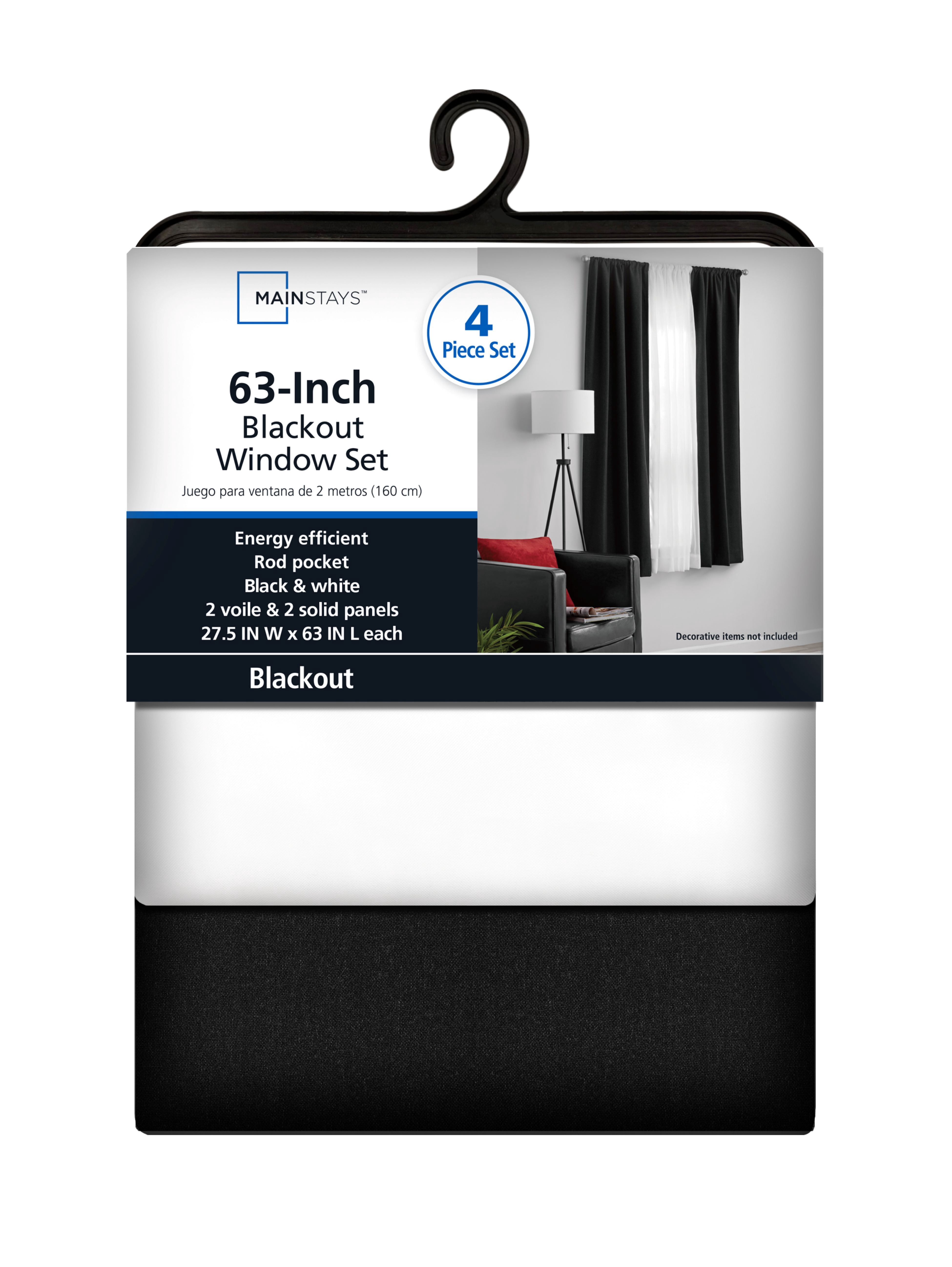 (3 pack) Mainstays Twill Blackout Rod Pocket 4 Piece Curtain Set, Rich Black, 27.5" W x 63" L