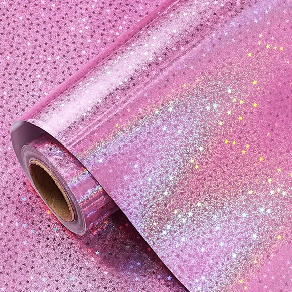 Pink Holographic Wrapping Paper Roll for Girls, Valentine's Day Pink Stars Gift Wrap for Birthday, Wedding, Mother's Day, Christmas, 17 Inches x 16.4 Feet