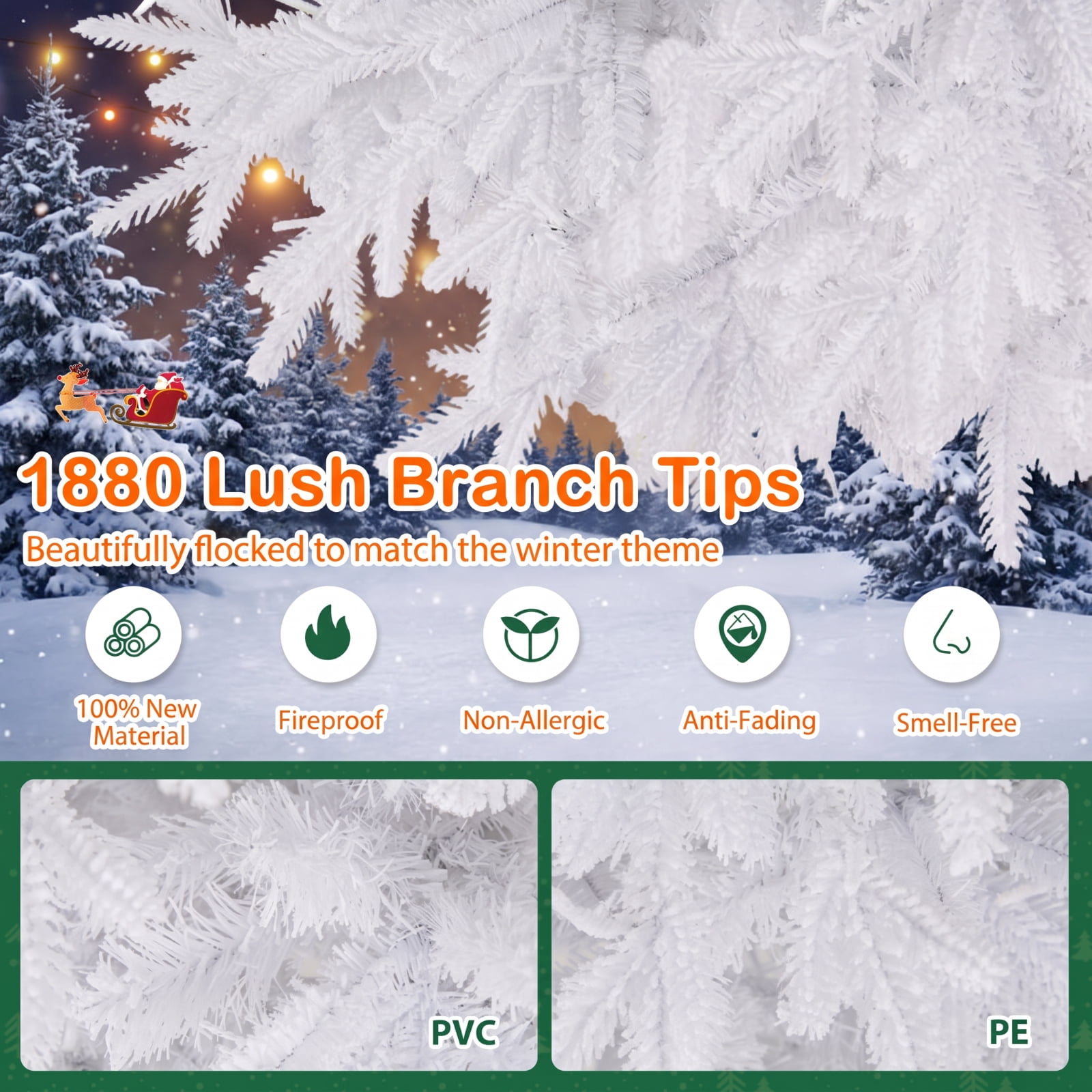 RUIE 7 ft White Christmas Tree, Pre-Lit Artificial Xmas Tree with 900 LED Lights and 1880 Branch Tips, Full Snowy Holiday Tree