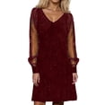 thumbnail image 2 of Letdown Women's Sparkly Ruched Bodycon Mini Dress Sheer Mesh Bell Long Sleeve V Neck Short Club Party Dresses (Red,M), 2 of 5