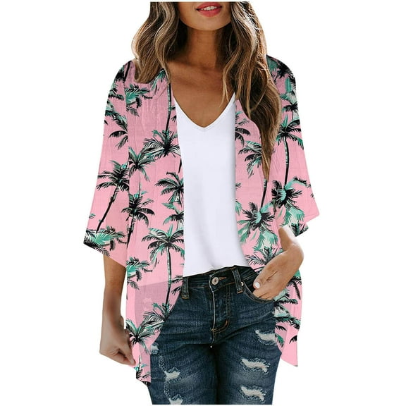 CFLVAEK Cardigans for Women Trendy Summer Hawaii Print Kimono Cardigan Casual Open Front Cover Ups Loose Fit 3/4 Sleeve Beach Vacation Cardigan Pink XL