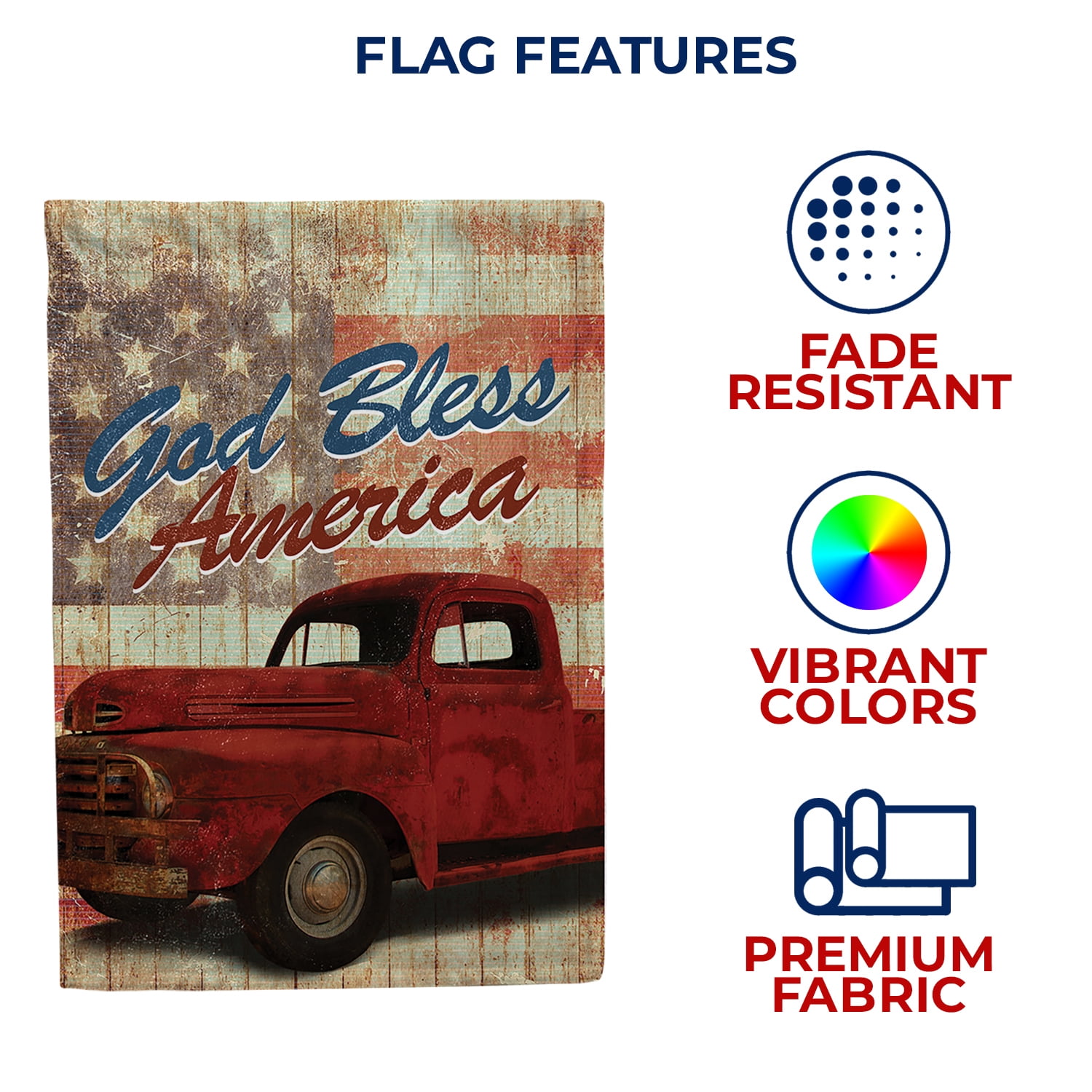 America Forever God Bless America Red Truck House Flag, 28 x 40 inch Double Sided, Patriotic Banner, Pickup Wooden USA Painted Vintage Outdoor Decor, Country Yard Flag