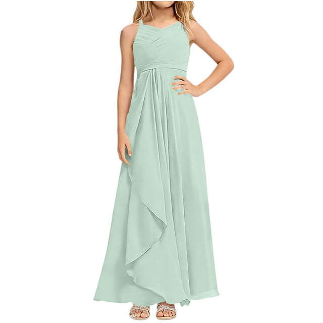 Ashirexll Robe Formelle pour Filles Polyester Spandex Chiffon Couleur Unie Sans Manches à Bretelles Spaghetti Vert 3-4 Ans