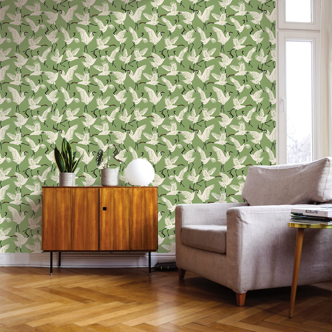 Tempaper x Novogratz Family of Cranes Green Peel and Stick Wallpaper, 20.5" x 16.5'