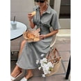 thumbnail image 6 of Women Button Front Pleated Shirt Dresses Summer Casual Short Sleeve Pleated Blouse Mini Dress Gray XL, 6 of 8