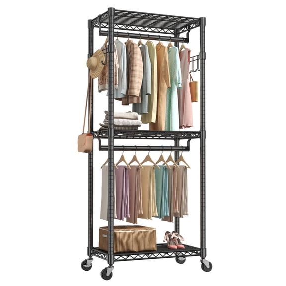 TopComfy 30" Rolling Clothes Rack Adjustable Garment Rack, Metal Shelves Heavy Duty Hanging Storage Organizer with Wheels for Laundry Room, Black