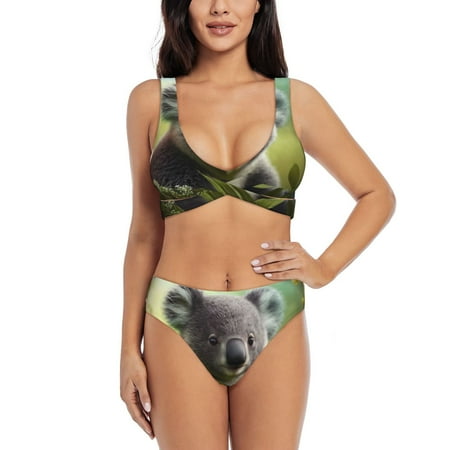 Zeuib Daisy Koala High Waisted Tummy Control Bikini Set - Knot Front Push Up Top & Cheeky Thong Bottom  Two-Piece Swimsuit for Women-XX-Large
