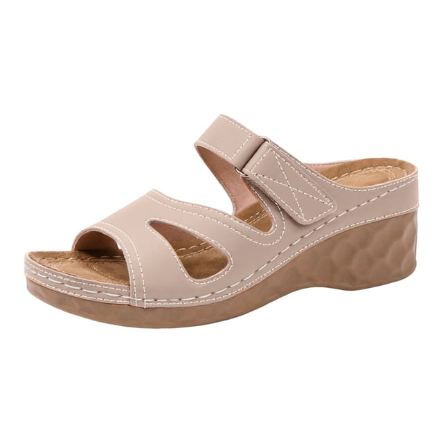 OJSFQUFP Women's Wedge Thick Soled Slip Outdoor Sandals Solid Color Hollow Out Toe Elastic Band Sandals