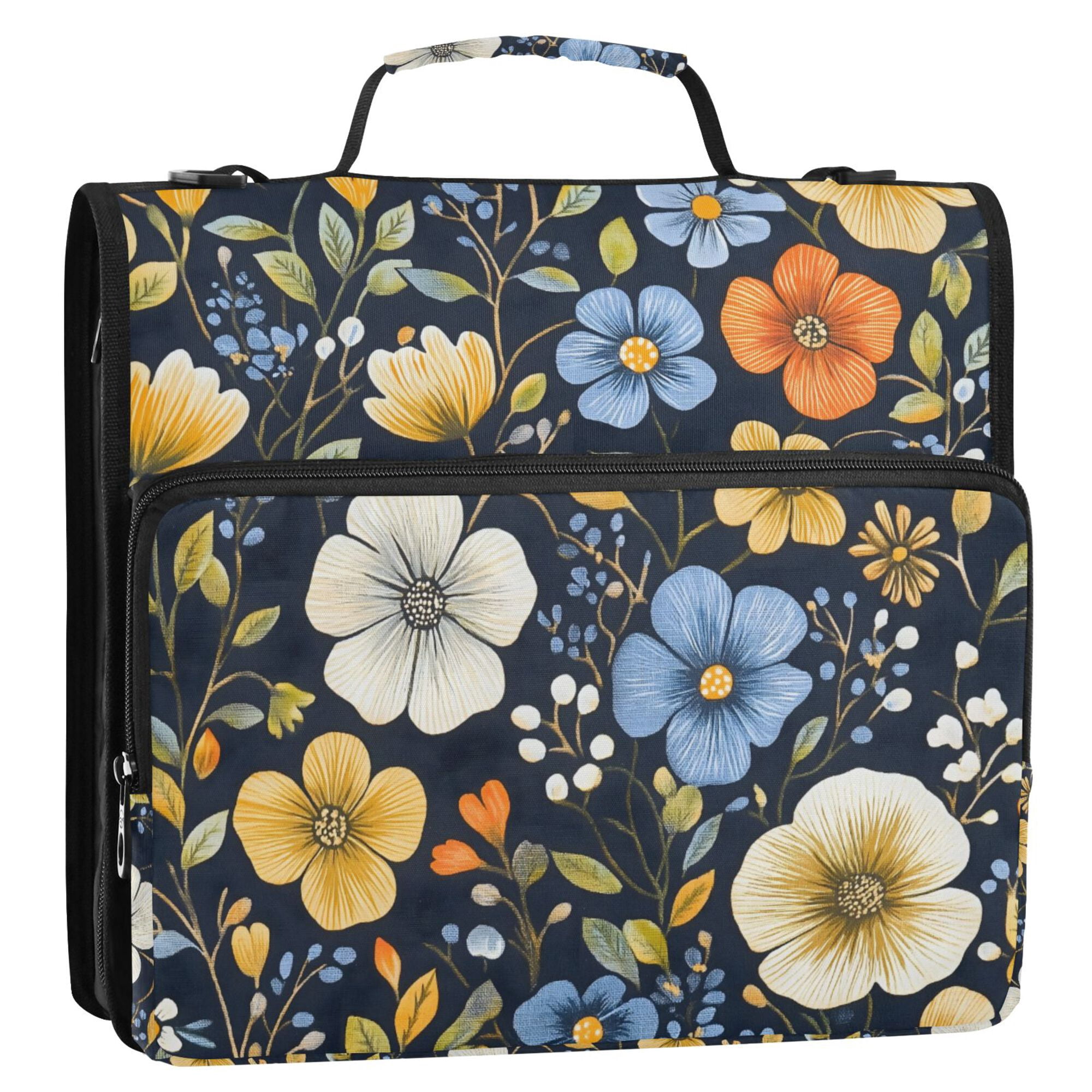 FORMRS Zipper Binder with Shoulder Strap 2-inch Ring 500 Sheet Capacity File Bag, Navy Floral Pattern