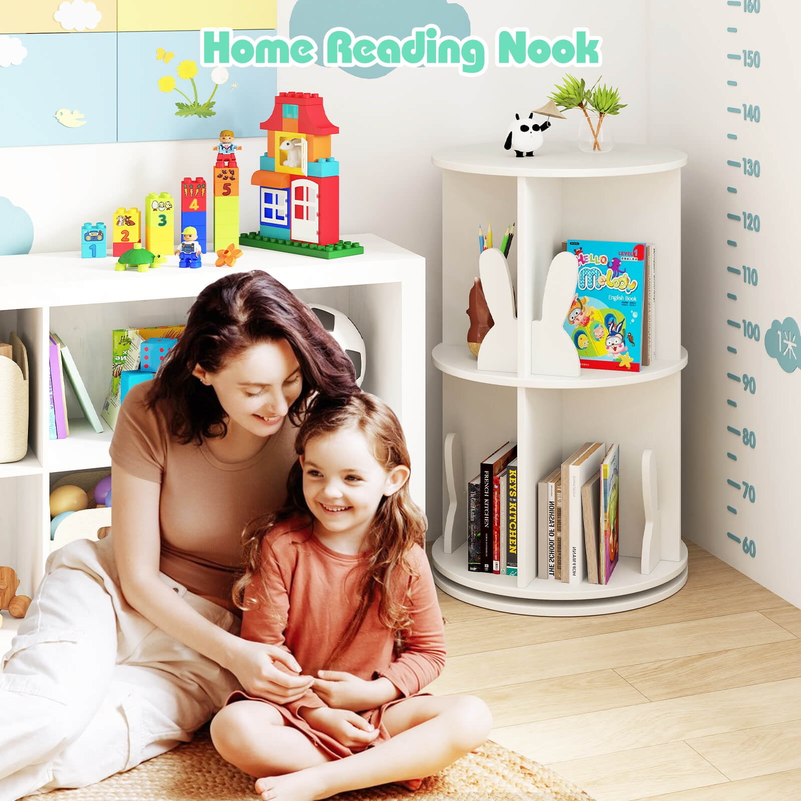 Costway Kids Rotating Bookshelf 2 Tier Freestanding 360° Revolving Display Storage Rack White
