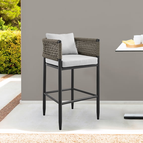 Alegria Outdoor Patio Counter Height Bar Stool in Aluminum with Gray Rope and Cushions - Set of 2