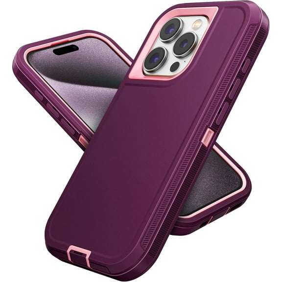 for iPhone 15 Pro 5G 6.1-inch Phone Cases, Heavy Duty Rugged Dual-Layer Protection Case with Anti dust Port Scratch Shockproof Matte  Back Cover Cases for Apple iPhone 15 Pro, Wine/Pink