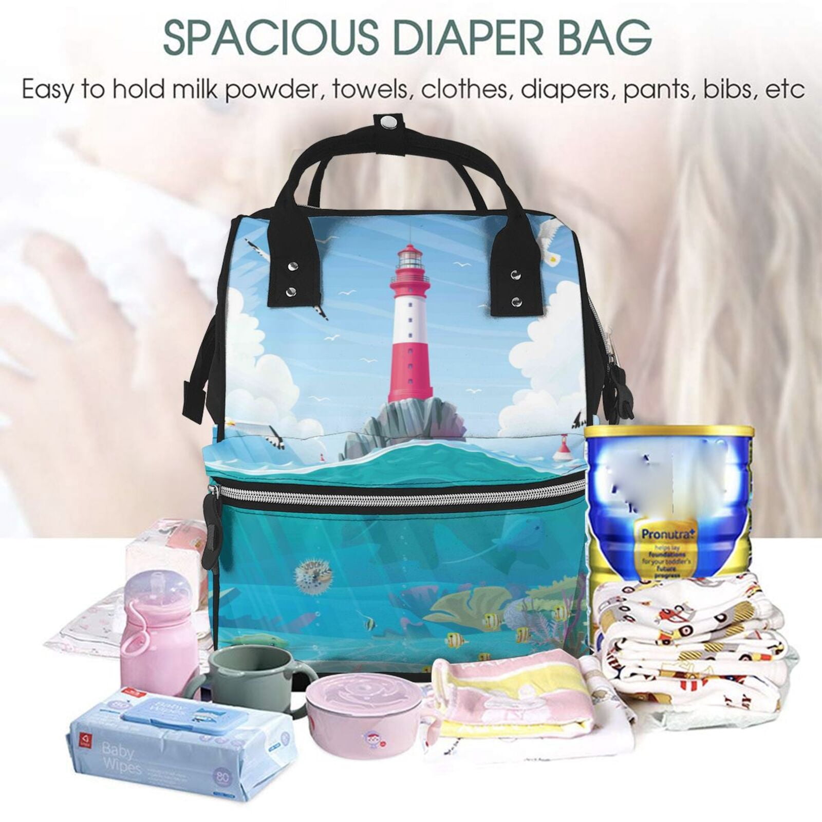Ratiio Lighthouse Sea Port Mummy Backpack - Waterproof Twill Canvas, Large Capacity Diaper Bag with Multiple Pockets and Adjustable Straps