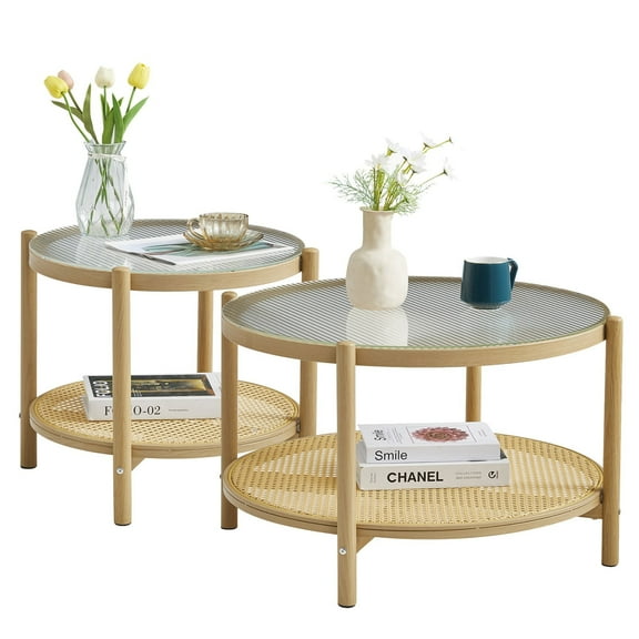 Set of 2 Modern Round Glass Rattan Coffee Table,Boho 2-Tier Middle Center Table Set Side End Table Living Room Home/Office