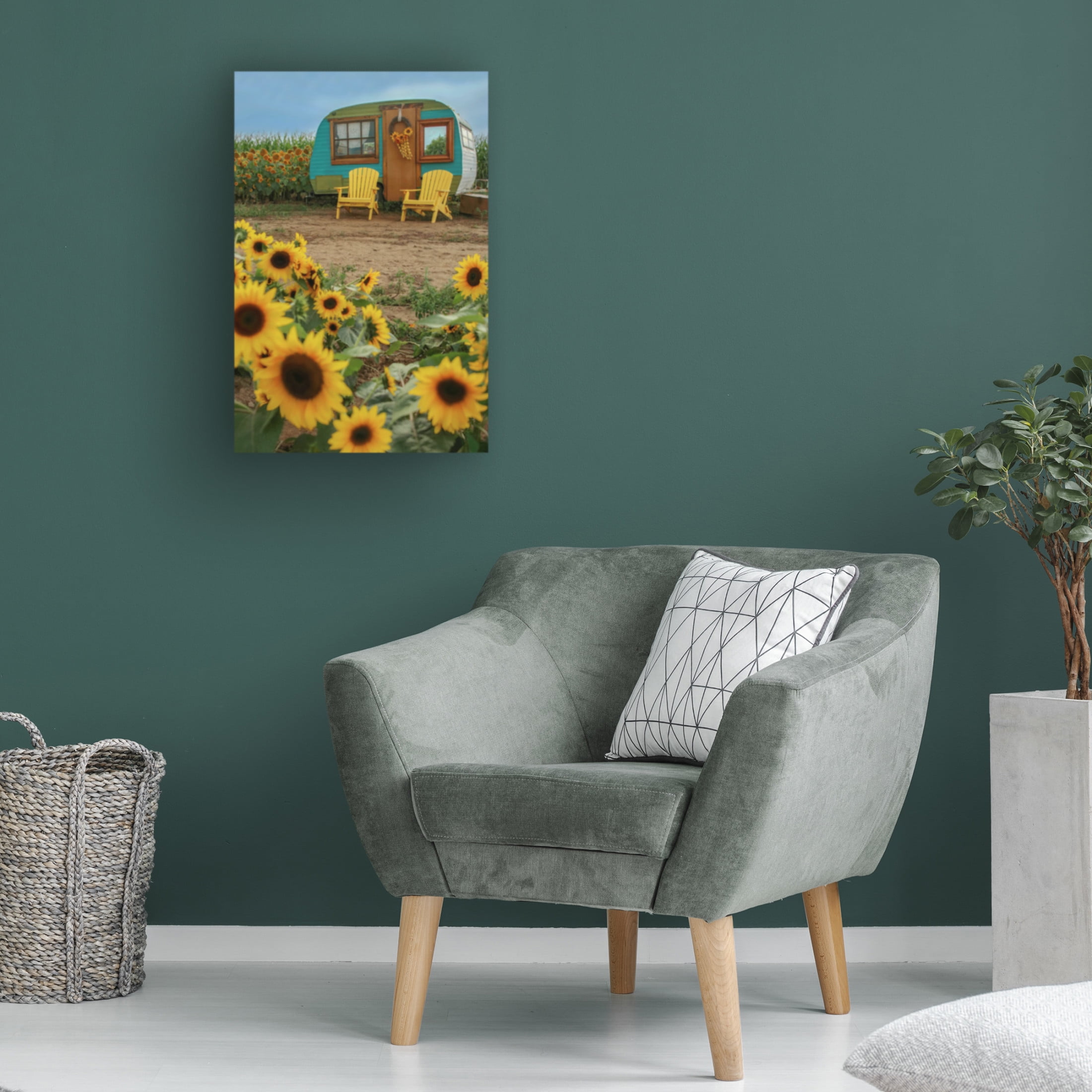 Canvas Wall Art - Carrie Ann Grippo-Pike 'Vintage Camper and Sunflowers 1' Wall Art for Living Room, Bedroom, or Office Décor by Trademark Fine Art - 12 x 19 Inches