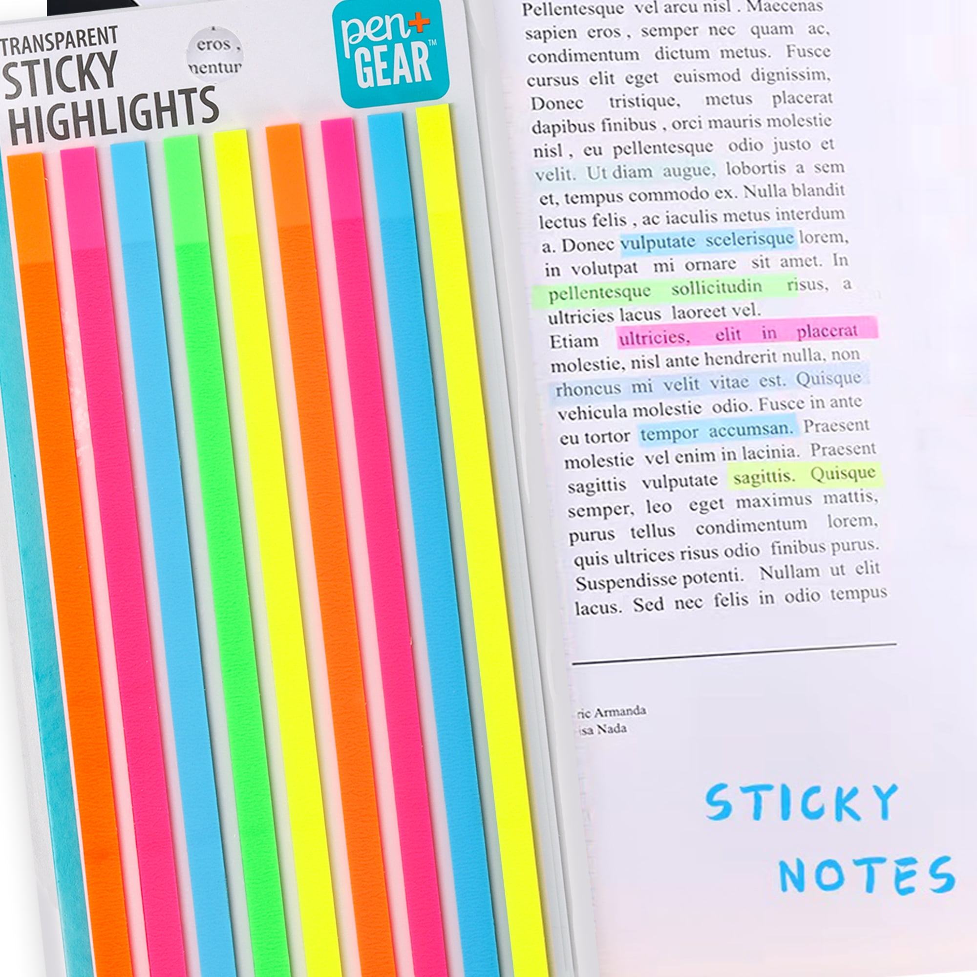 Pen + Gear Transparent Sticky Highlights, 0.2x5.5 Inch, Assorted Colors, 9 Pads