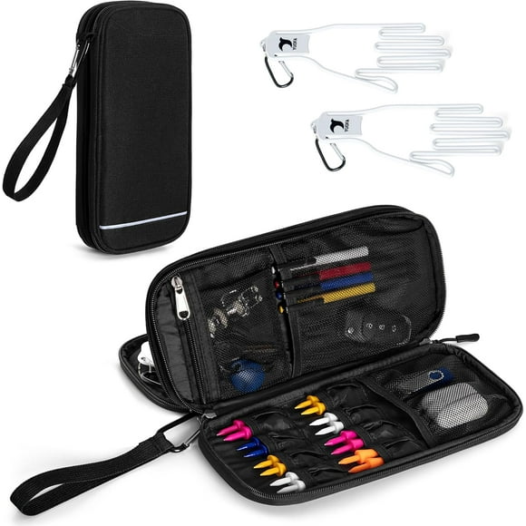 shiyou-Golf Glove Holder, Golf Glove Case with A Pair of Golf Gloves Stretcher with Hook, Protective Golf Accessory Case for Tees, Ball Markers, Phone and Golf Essentials