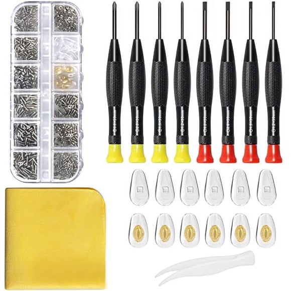 Kit de Reparación de Gafas con Tornillos de Gafas - Contiene Kit de Destornilladores de Precisión Magnéticos y Almohadillas Nasales, Paño de Limpieza, Pinzas, Kit Completo de Reparación de Gafas.