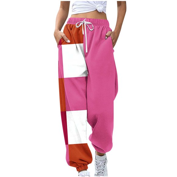 Lenpel Sweatpants for Women Drawstring Elastic High Waisted Color Block Cinch Bottom Lounge Pants Casual Loose Joggers