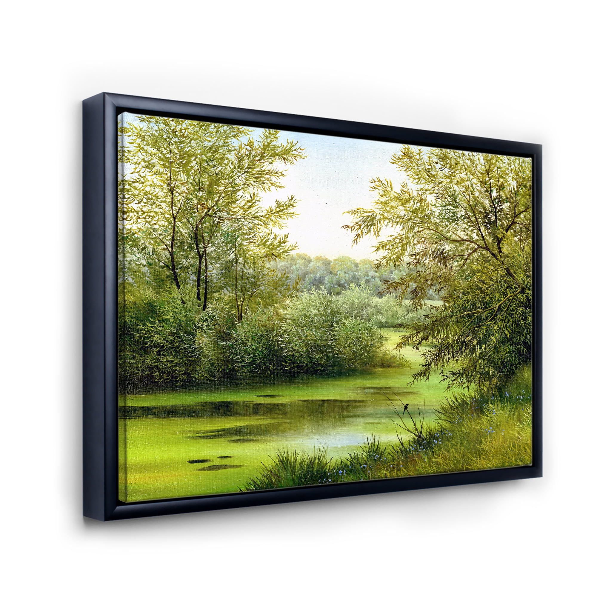Designart 'Spring Trees With Green Pond' Country Framed Canvas Wall Art Print