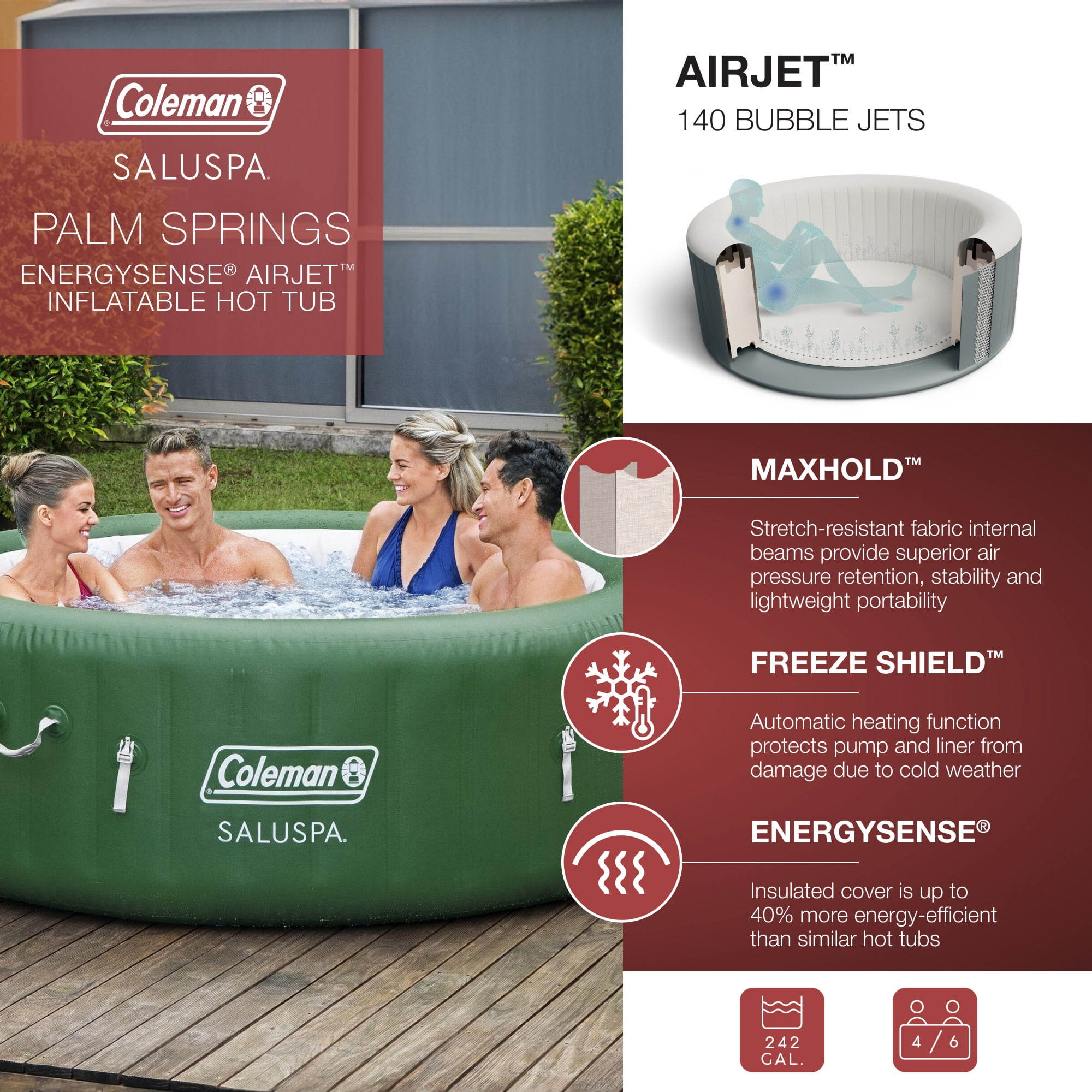 Coleman: SaluSpa Palm Springs EnergrySense - 4-6 Person, Green Inflatable Hot Tub Set, 140 AirJet Massage Bubbles, Covers-Filter-Pump, Freeze-Shield