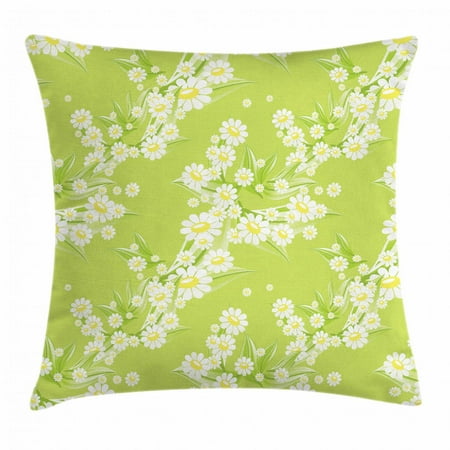 Decorative Greenery Daisy Throw Pillow Cushion Cover, Spring Chamomiles Leaf Flora Greenery Yard Budding Flower Grass Graphic Art, Decorative Square Accent Pillow Case, 16 X 16 Inches, Yellow Green White, by Ambesonne ()