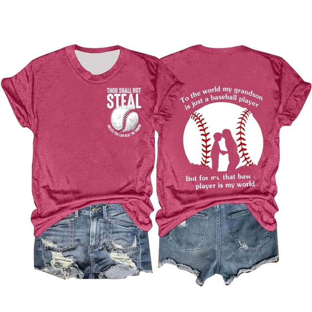 Camisetas de Manga Corta para Mujeres Beisbol Amor Doble Cara Impresión Cuello Redondo Camiseta, Top de Verano Casual