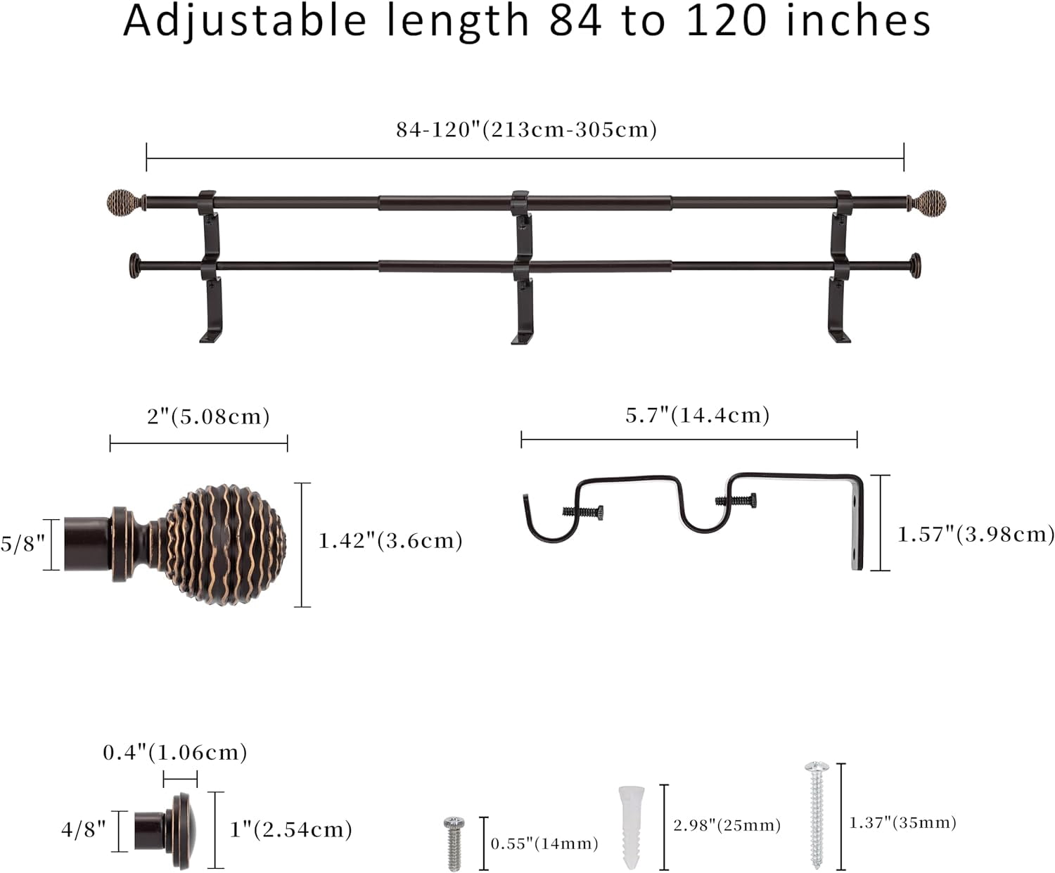 eTeckram 5/8" Double Curtain Rod with Boule Finials,Bronze Gold,84‘’-120‘’