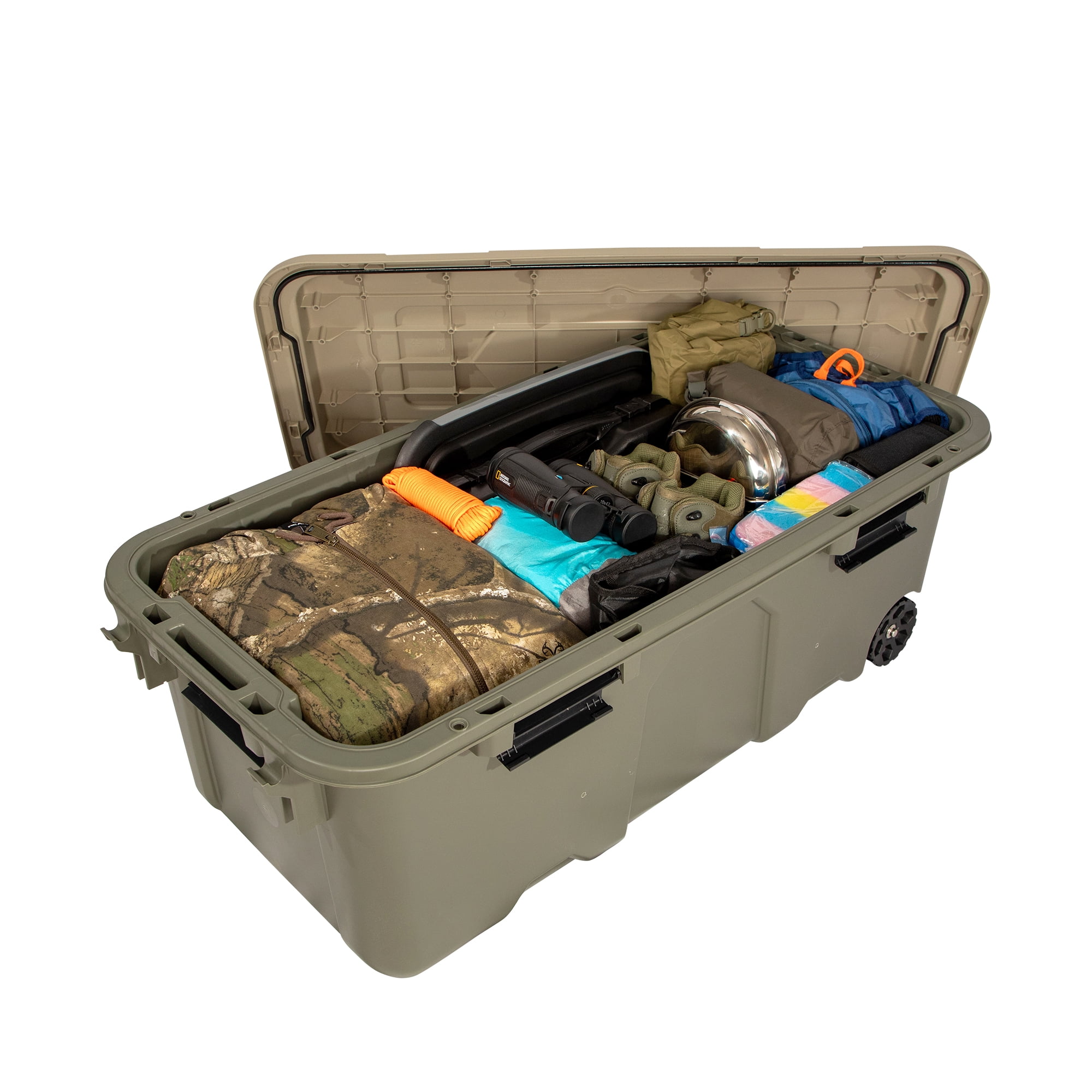 Realtree® WEATHERMAX™ 31 Gallon Green and Tan Wheeled Storage Tote with Latching Lid, Heavy Duty Plastic Storage Bin