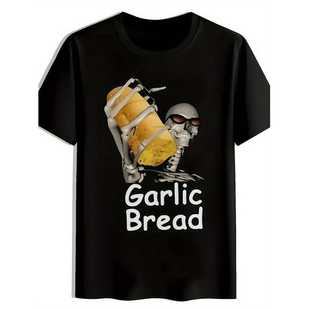 Men's Black Graphic Tee - Funny "GARlic BREAD" Skeleton Design, Casual Round Neck Short Sleeve T-Shirt, Lightweight Cotton, Summer Essential for Humor & Style, Casual Summer Wear | Edgy Fashion Top