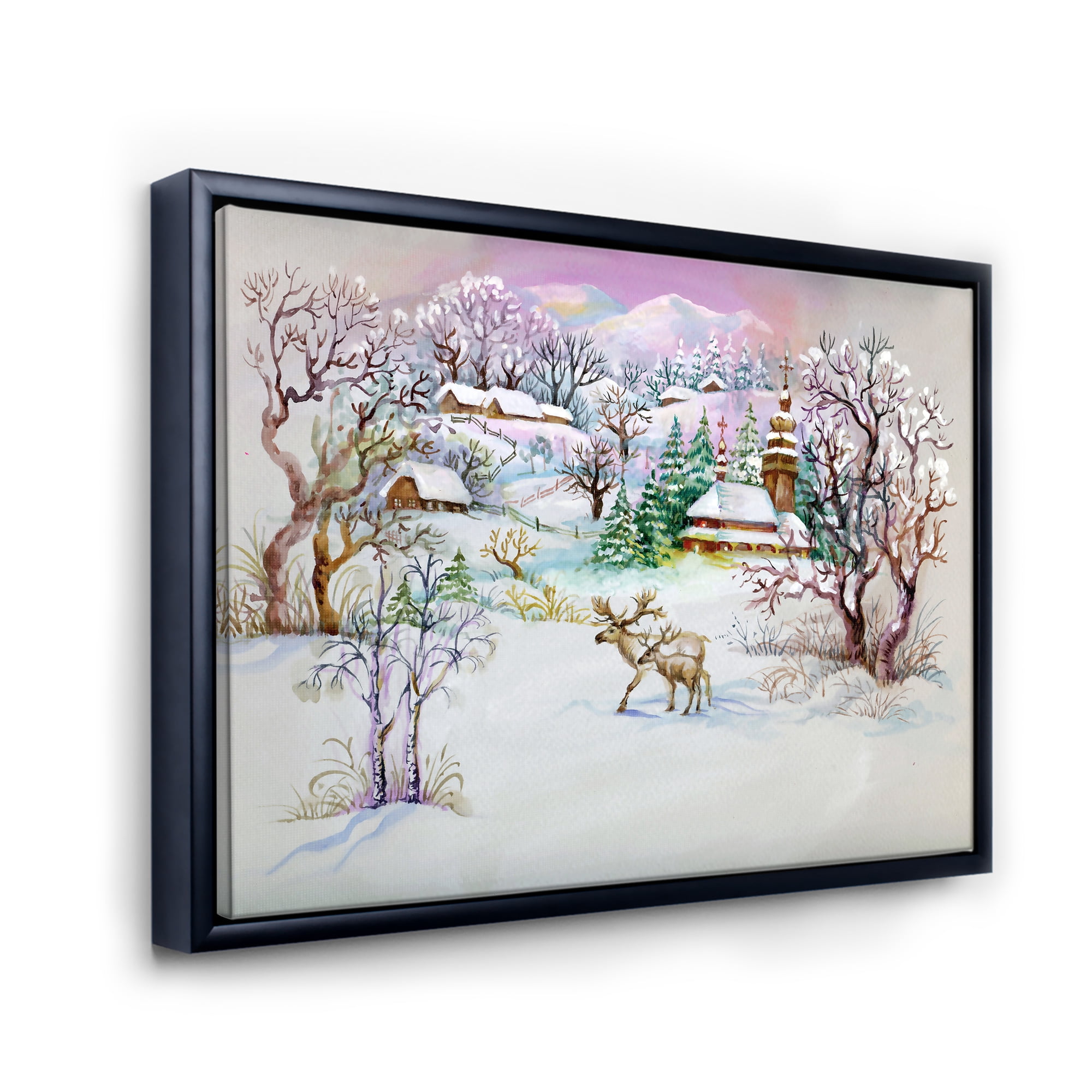 Winter Village Life Landscape 20 in x 12 in Framed Painting Canvas Art Print, by Designart