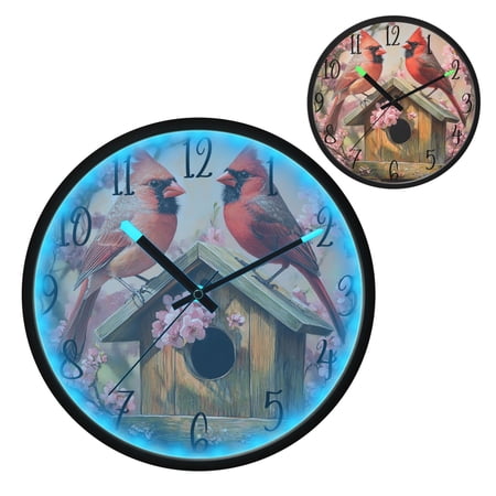 Spring Cardinal Bird Luminous Wall Clock with Sound-Activated LED 12-Inch Silent Acrylic Timepiece for Bedroom Livingroom or Office