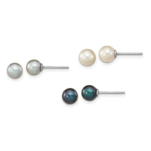 Sterling Silver Rhodium-plated 6-7mm Black, White and Grey Round Freshwater Cultured Pearl Set of 3 Post Earrings