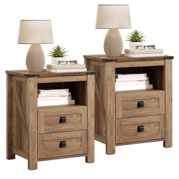 Papajet 17.7"W Farmhouse Nightstand Set of 2, Wooden Side Table with Drawers & Open Shelf, Narrow Bedside End Table for Bedroom, Rustic Honey Brown