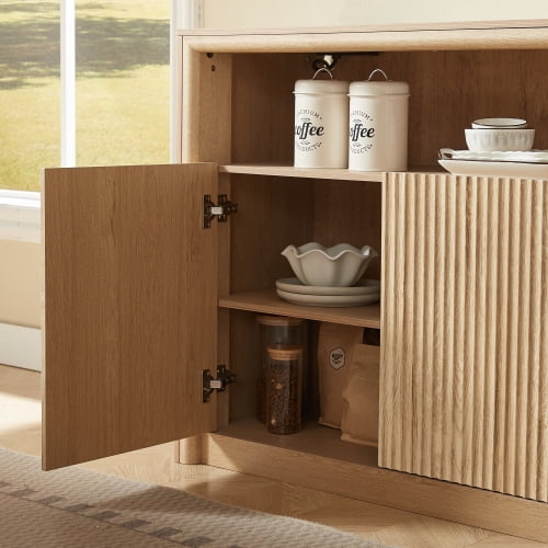 67" Wooden Sideboard Buffet Cabinet with LED Lights and Outlets, 4-Compartment Storage, Natural