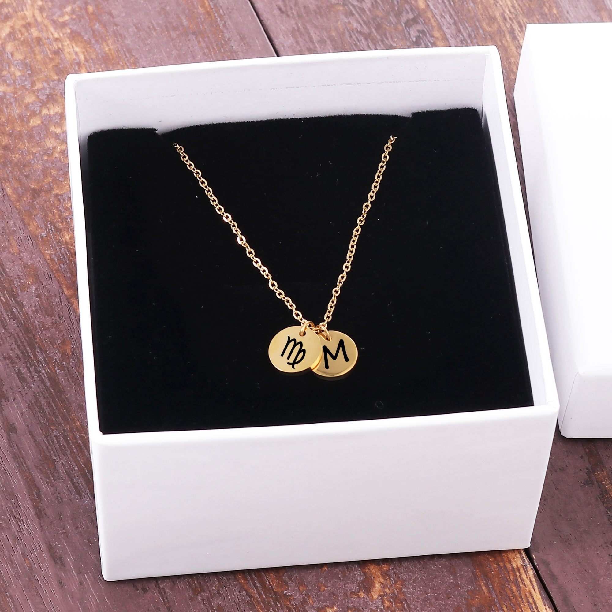Personalized Round Constellation Initial Necklace - Engraved Zodiac Symbol Jewelry - Christmas Gift for Her - Stainless Steel - 18" Chain - Gold Virgo