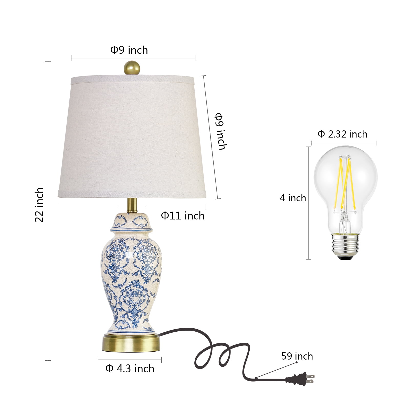 RORIA 22" Blue and White Porcelain Table Lamps Set of 2, Traditional Chinese Ceramic Bedside Lamps, Suitable for Bedroom and Living Room Nightstands