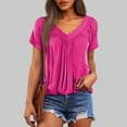 thumbnail image 2 of MIXUE Boho Tops For Women Summer Solid Color V Neck Short Sleeve Loose Casual T-shirts Activewear,Pink,L, 2 of 8