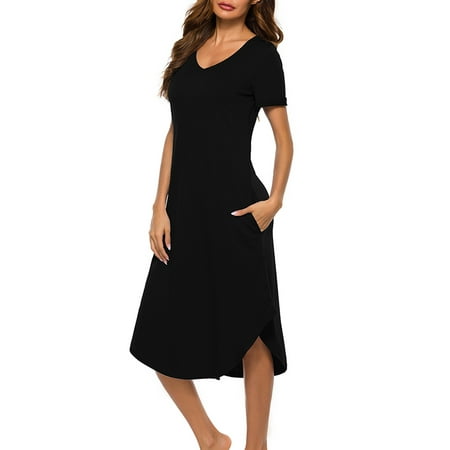 

URMAGIC Women s Cotton V Neck Short Sleeve Nightshirt w Pocket Loose Nightgown Pjs Dress