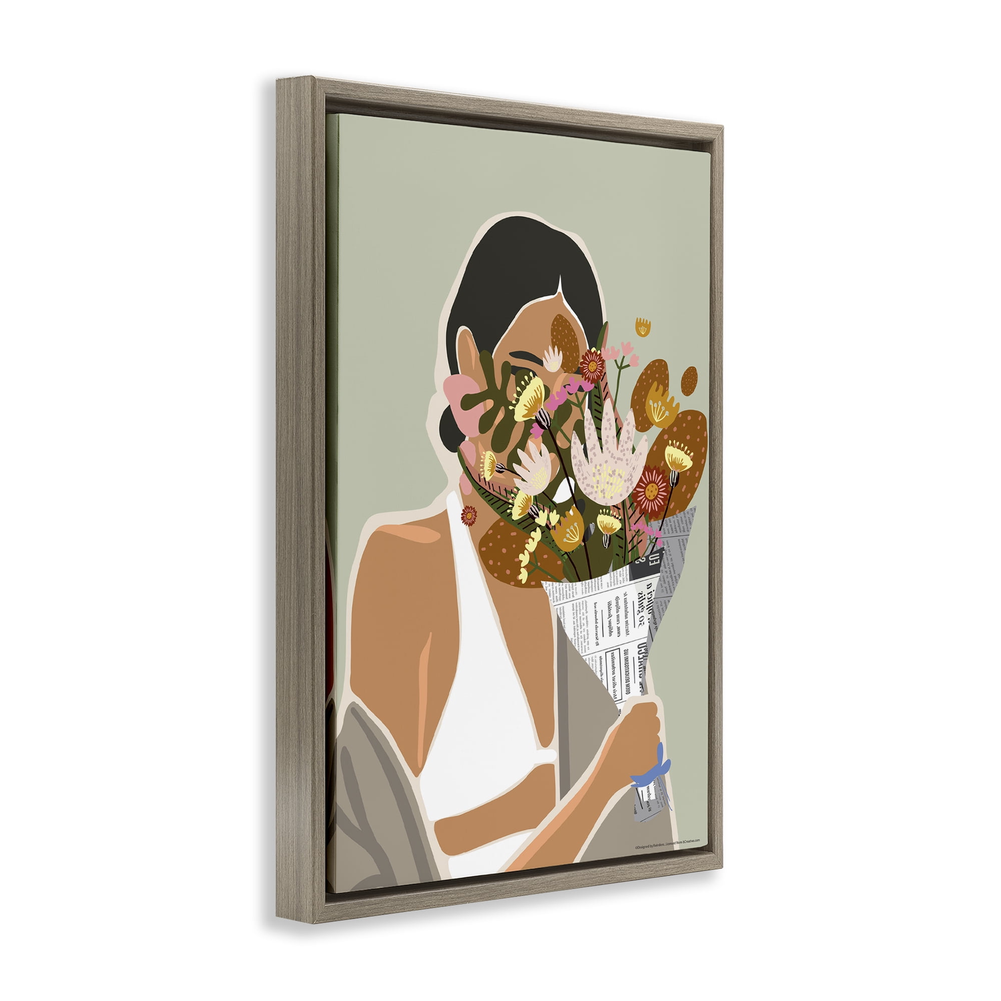 Stupell Industries Woman & Plant Bouquet People Painting Brown Floater Framed Canvas Art Print Wall Art, 21 x 31
