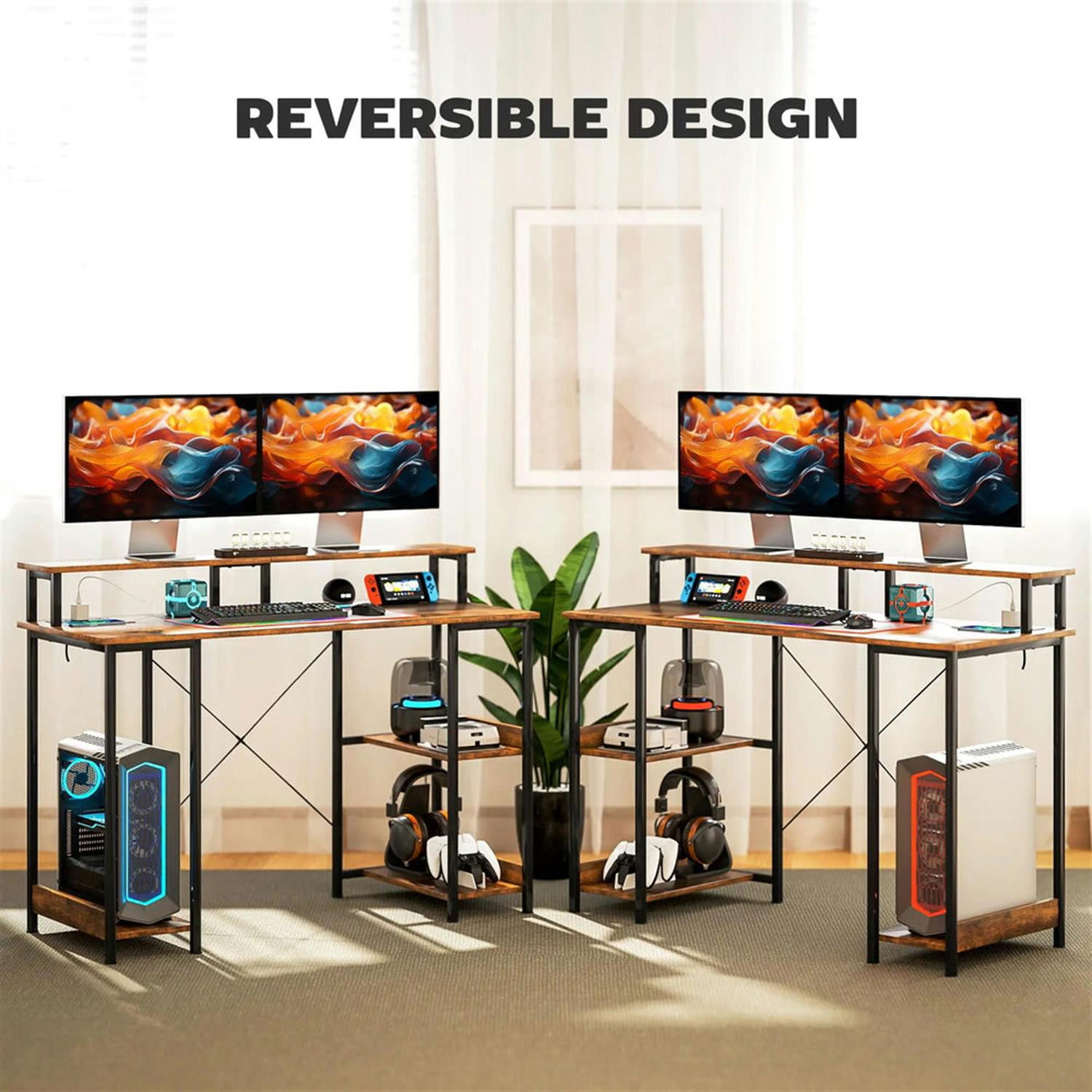 Demi Bonn 47" Reversible Office Desk with LED Lights and Power Outlets, Home Computer Desk for Living Room, Office, Study Table PC Desks, Brown