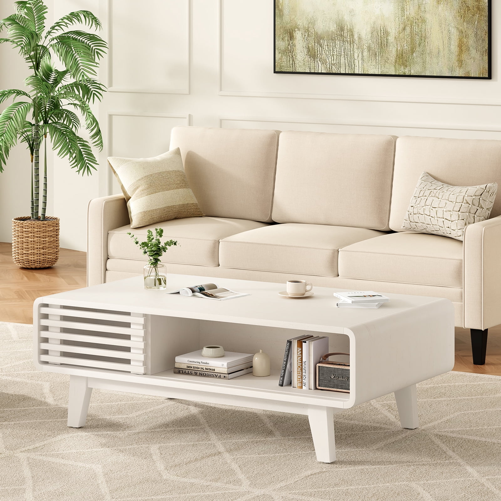 TrumanPick Mid Century Farmhouse Wood Coffee Table with Storage, for Living Room